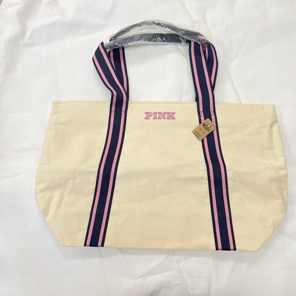 Victoria's Secret Pink Cotton Large Weekender Tote Bag Travel Pink Blue Logo